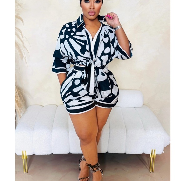 loragal Pants - Chic Black and White Romper with Tie Waist